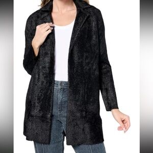 Liverpool LA Cardigan Sweater Coat Open Front Plush Car Coat Black Furry Cozy L